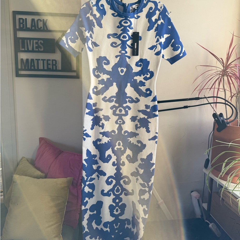 Fashion Nova Royal Blue and White Knit Dress